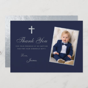 Carte De Remerciements Baptême Boy Photo Faux Silver Navy Bleu Script