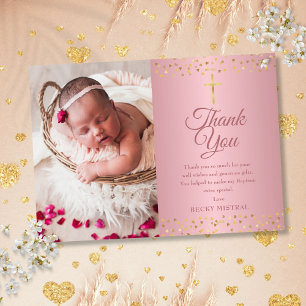 Carte De Remerciements Baptême Christening Cœurs Photo Or Rose