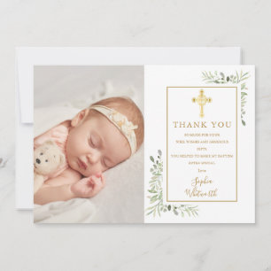 Carte De Remerciements Baptême Christening Croix Dorée Verdure Photo