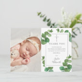 Carte De Remerciements Baptême Christening Eucalyptus Green Photo (Debout devant)