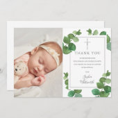 Carte De Remerciements Baptême Christening Eucalyptus Green Photo (Devant / Derrière)
