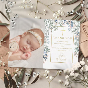 Carte De Remerciements Baptême Christening Floral Feuillage Photo Or