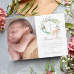 Carte De Remerciements Baptême Christening Floral Garland Photo<br><div class="desc">Doté d'une délicate aquarelle fleurie et d'une croix argentée,  ce baptême ou ce baptême chic peut être personnalisé avec votre propre photo et message de remerciement spécial. Vous pouvez customiser l'inverse à votre couleur préférée ou ajouter des informations supplémentaires. Conçu par Thisisnotme©</div>