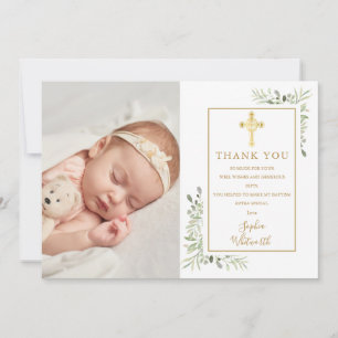 Carte De Remerciements Baptême Christening Gold Cross Green Photo