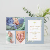 Carte De Remerciements Baptême Christening Green 3 Photo Dusty Blue (Debout devant)