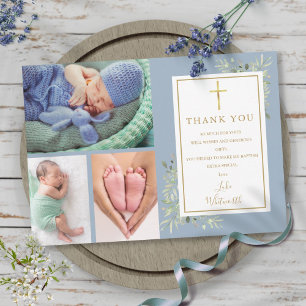 Carte De Remerciements Baptême Christening Green 3 Photo Dusty Blue