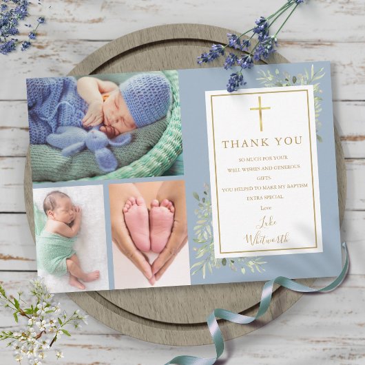Carte De Remerciements Baptême Christening Green 3 Photo Dusty Blue
