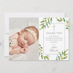 Carte De Remerciements Baptême Christening Green Foliage Photo