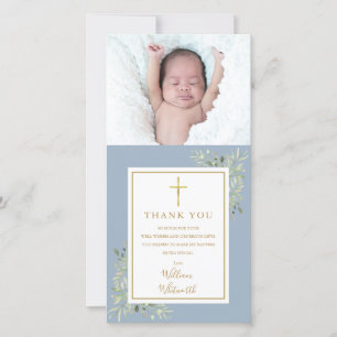 Carte De Remerciements Baptême Christening Green Photo Bleu