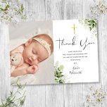 Carte De Remerciements Baptême Christening Green Script photo<br><div class="desc">Un élégant baptême ou un carte de remerciements photo baptême. Personnalisez avec votre photo et baptême spécial,  christening message de remerciement en lettrage chic sur ce design floral vert moderne. Conçu par Thisisnotme©</div>