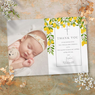Carte De Remerciements Baptême Christening Lemons Blossom Green Photo