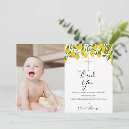 Carte De Remerciements Baptême Christening Lemons Gold Cross Photo (Debout devant)