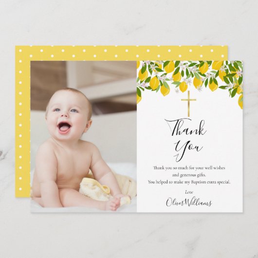 Carte De Remerciements Baptême Christening Lemons Gold Cross Photo (Devant / Derrière)