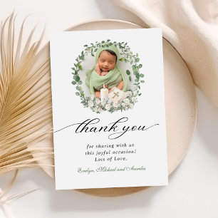 Carte De Remerciements Baptême Christening Photo Rose Floral