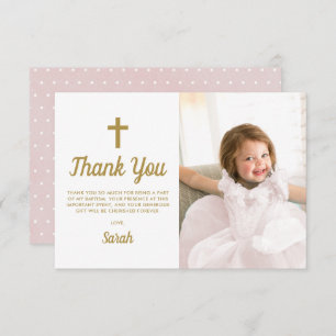 Carte De Remerciements Baptême Christening Religieux Rose Girl Photo