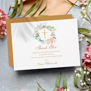 Carte De Remerciements Baptême Christening Rose Floral Garland Gold