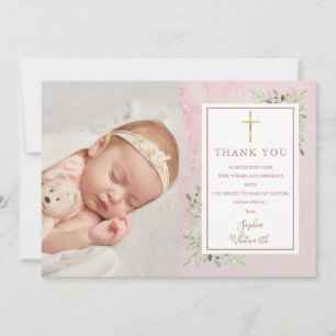 Carte De Remerciements Baptême Christening Verdure Marbre Rose Photo