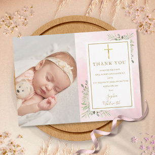 Carte De Remerciements Baptême Christening Verdure Photo Aquarelle Rose