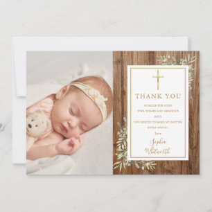 Carte De Remerciements Baptême Christening Verdure Photo Bois Rustique