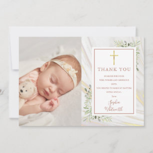 Carte De Remerciements Baptême Christening Verdure Rose Or Photo