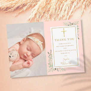 Carte De Remerciements Baptême Christening Verdure Rose Pâle Photo