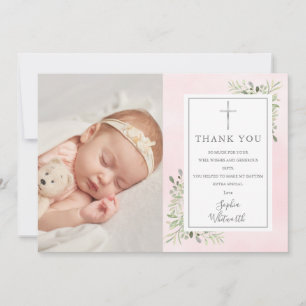 Carte De Remerciements Baptême Christening Verdure Rose Photo aquarelle