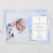 Carte De Remerciements Baptême Christening Vert Aquarelle bleue Photo (Devant / Derrière)