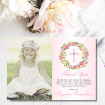 Carte De Remerciements Baptême Communion Confirmation Girl Floral PHOTO<br><div class="desc">Délicate couronne florale Baptême, baptême, Première sainte communion ou Confirmation merci cartes pour fille. Rose rose pastel rose vif à l'ombre arrière - plan. Verdure, feuille de courre fleurie avec lavande, rose, fleurs roses et croiser avec faux diamant au milieu. Abordable mais pas bon marché look! Parfait pour la cérémonie...</div>