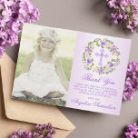 Carte De Remerciements Baptême Communion Confirmation Girl Purple PHOTO<br><div class="desc">Délicate couronne florale Baptême, baptême, Première sainte communion ou Confirmation merci cartes pour fille. Violet violet pastel lavande avec arrière - plan sombre. Verdure, feuille de courre fleurie avec lavande, violet foncé et fleurs mauves et croiser avec faux diamant au milieu. Abordable mais pas bon marché look! Parfait pour la...</div>