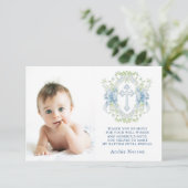 Carte De Remerciements Baptême Croix Crest Vert Bébé Garçon Photo (Debout devant)