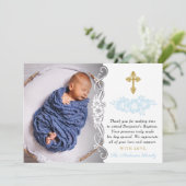 Carte De Remerciements Baptême De Bébé Bébé Bleu Et Or Élégant (Debout devant)