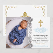 Carte De Remerciements Baptême De Bébé Bébé Bleu Et Or Élégant (Devant / Derrière)