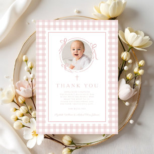 Carte De Remerciements Baptême de fille photo élégante à carreaux rose