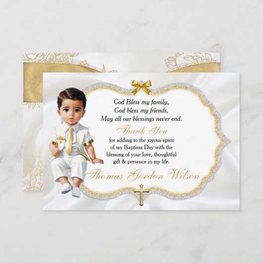 Carte De Remerciements Baptême de garçon, Communion, Merci, Croix d'or (Devant / Derrière)
