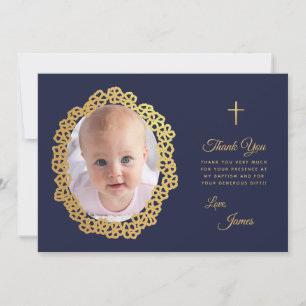 Carte De Remerciements Baptême de garçon Photo Marine Blue Gold Floral Wr