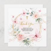 Carte De Remerciements Baptême de papillon rose floral (Devant / Derrière)