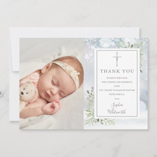 Carte De Remerciements Baptême d'hiver Baptême verdure (Devant)