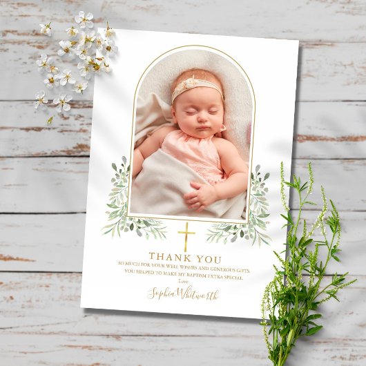 Carte De Remerciements Baptême d'or Christening Green Arch Photo