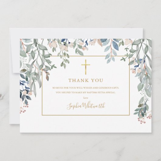 Carte De Remerciements Baptême d'or Christening Photo Foliage d'or (Devant)