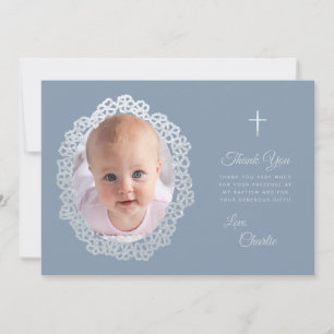 Carte De Remerciements Baptême Dusty Bleu Photo Floral Wreath Faux Argent