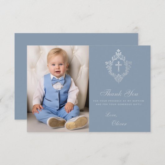 Carte De Remerciements Baptême Dusty Blue Crest Cross Elegant Boy Photo (Devant / Derrière)
