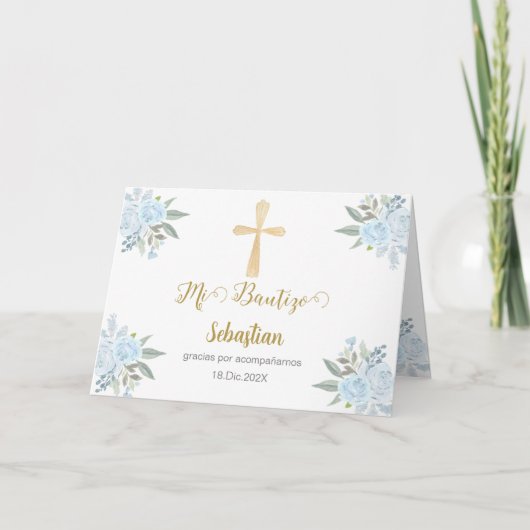 Carte De Remerciements Baptême floral blanc espagnol (Devant)