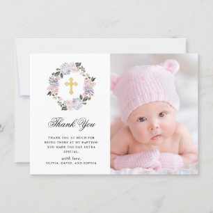 Carte De Remerciements Baptême floral de photo de croix d'or d'aquarelle