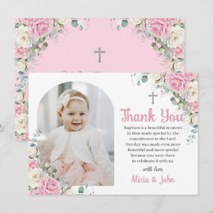 Carte De Remerciements Baptême Floral Rose Blanc Christening Arc Photo