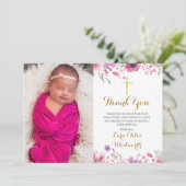 Carte De Remerciements Baptême floral, Script photo Christening (Debout devant)