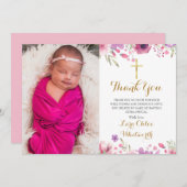 Carte De Remerciements Baptême floral, Script photo Christening (Devant / Derrière)