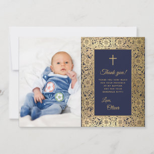 Carte De Remerciements Baptême Garçon Vintage Bleu Or Roses Floral Photo