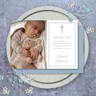 Carte De Remerciements Baptême moderne photo bleu poussiéreux