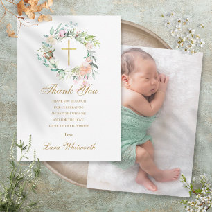 Carte De Remerciements Baptême Photo de baptême Roses Floral Or