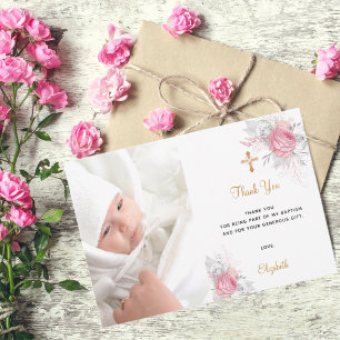 Carte De Remerciements Baptême rose florales personnalisées photo or blan